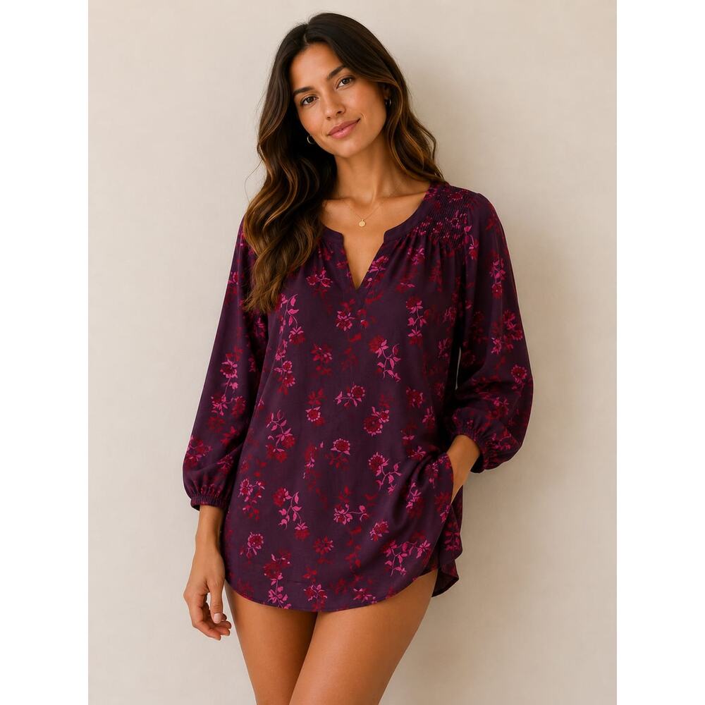 Dressbarn Women’s Purple Floral Long Sleeve Boho Blouse Smocked Shoulder Top
